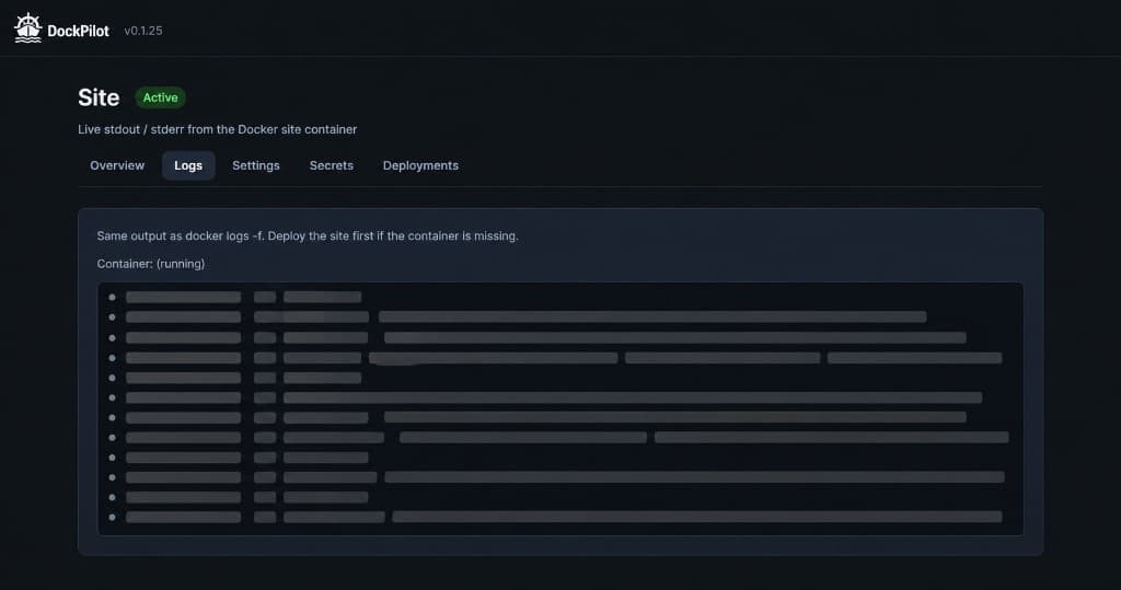 Просмотр логов приложения в DockPilot
