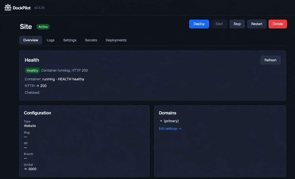 Обзор проекта в DockPilot — состояние контейнера и health check